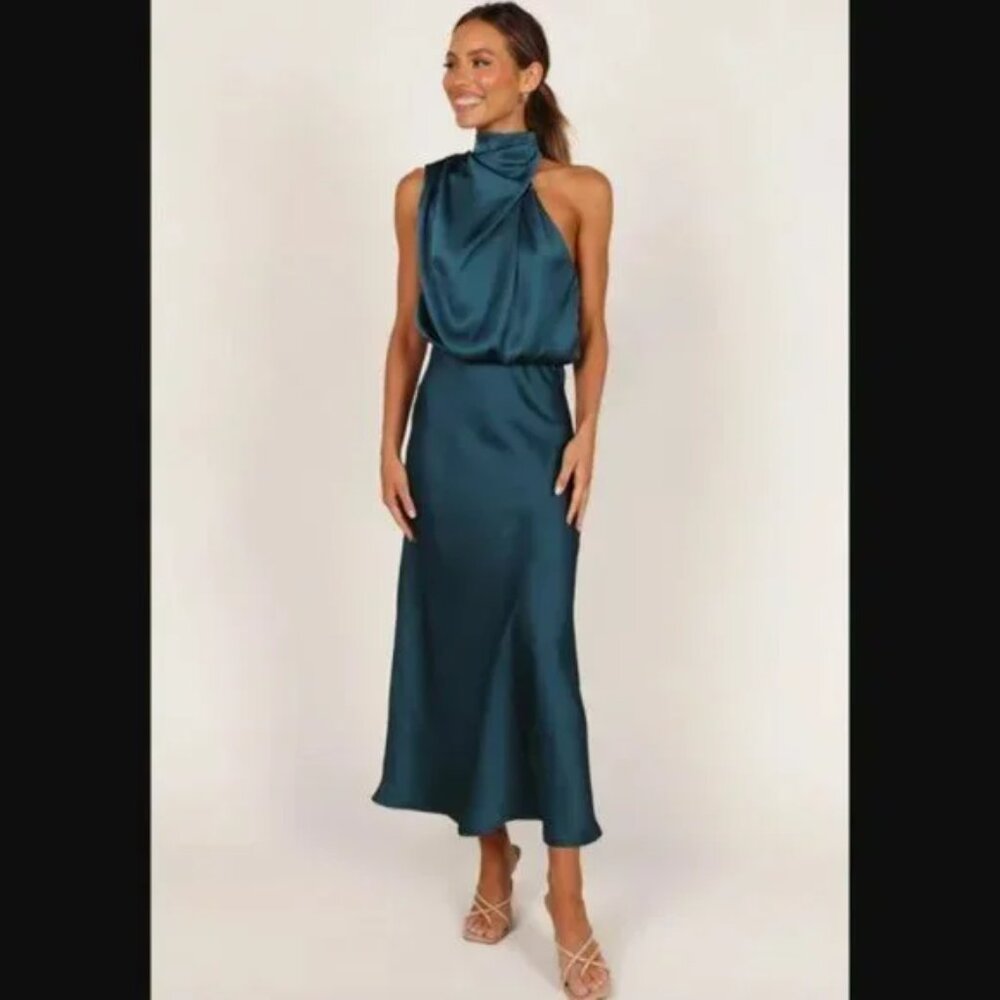 Petal & Pup Anabelle Teal Blue Satin Halter High Neck Midi Dress L